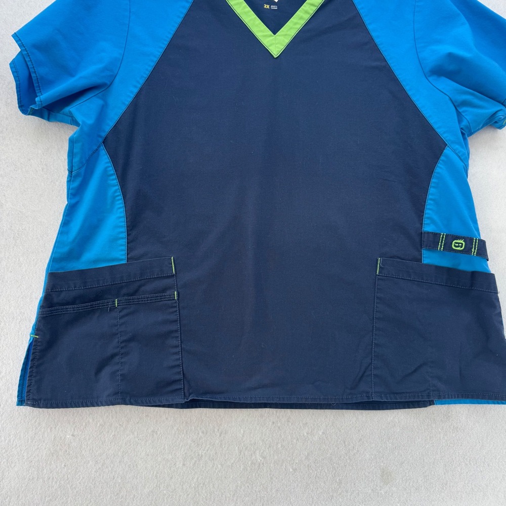 WonderFLEX Scrub Top 2X Womens Blue Green V Neck Short Sleeve Uniform - Picture 4 of 9